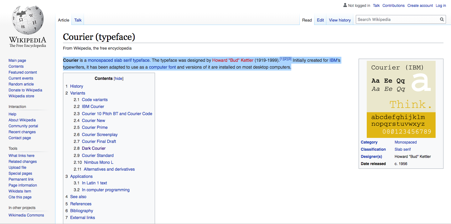 Screenshot of Wikipedia page about Courier font with the introductory sentences highlighted