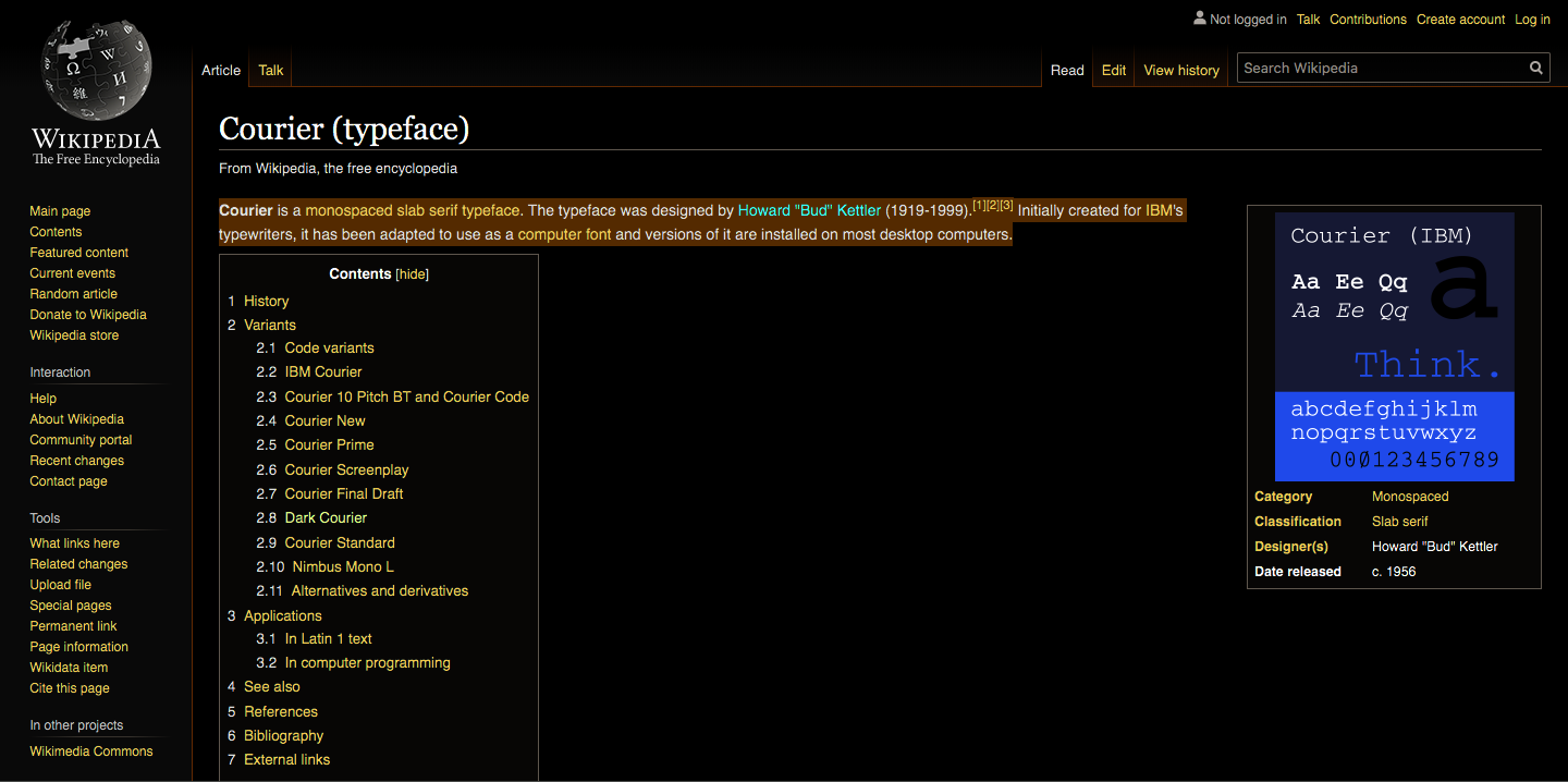 Screenshot of Wikipedia page about Courier font with the introductory sentences highlighted