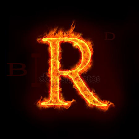 Capital R on fire with stock photo watermark overlaid